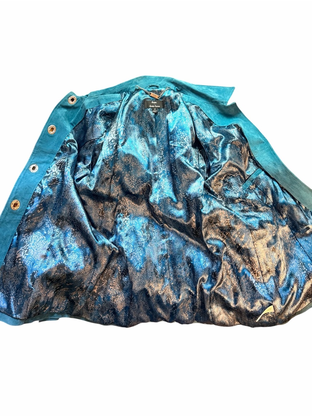 Dennis by Dennis Basso Teal Suede Leather Jacket Y2K Statement Coat M - Picture 10 of 13